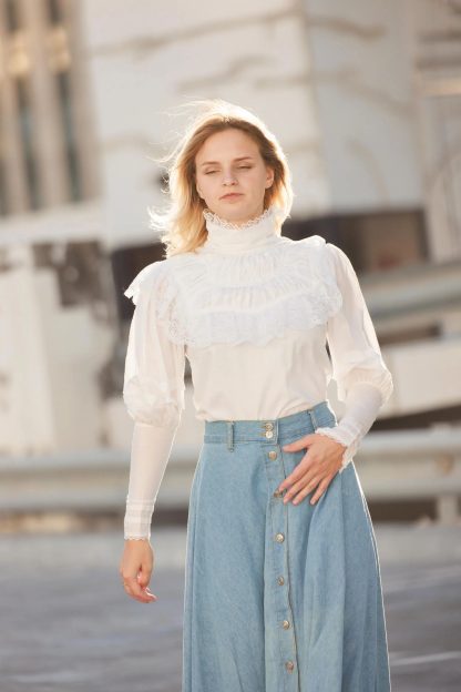 Light Blue Washed Denim Buttoned A-Line Skirt - Image 8