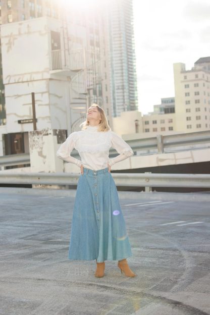 Light Blue Washed Denim Buttoned A-Line Skirt