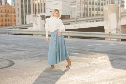 Light Blue Washed Denim Buttoned A-Line Skirt - Image 6