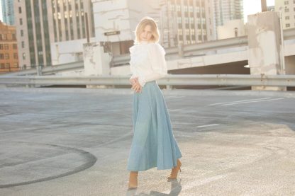 Light Blue Washed Denim Buttoned A-Line Skirt - Image 4