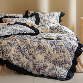 Blue and white floral ruffled four-piece bedding set