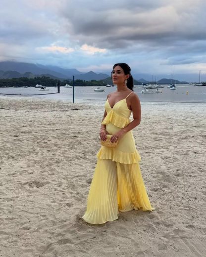 Bright yellow suspender ruffled pleated cake maxi skirt - Image 4