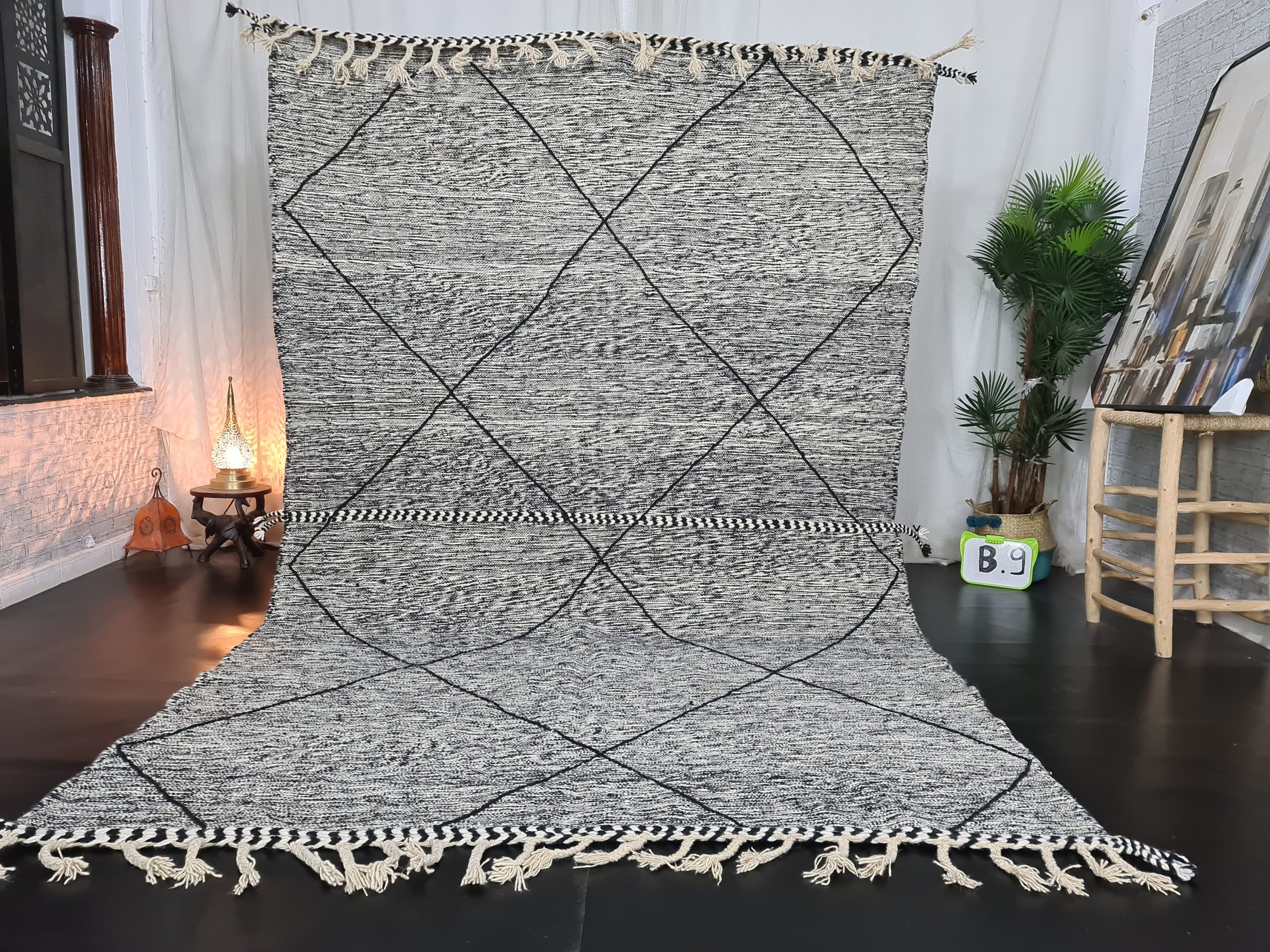 Handmade black and white diamond tassel carpet - Image 11