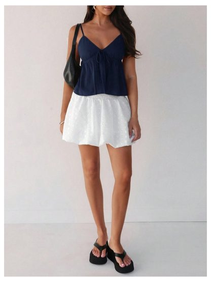 French lazy style navy blue V-neck lace-up camisole - Image 6