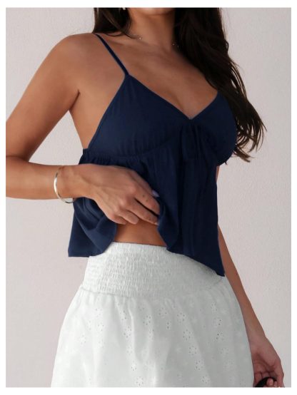 French lazy style navy blue V-neck lace-up camisole
