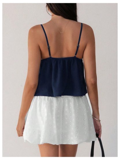 French lazy style navy blue V-neck lace-up camisole - Image 3