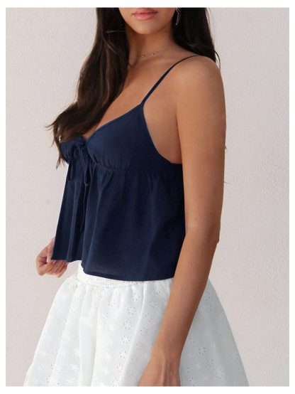 French lazy style navy blue V-neck lace-up camisole - Image 2