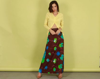 Brown Artistic Floral Print High-Waist Draped Maxi Skirt - Image 8
