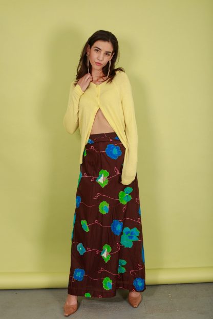 Brown Artistic Floral Print High-Waist Draped Maxi Skirt - Image 7