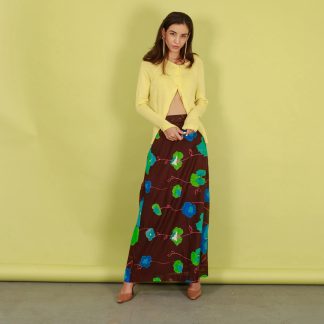 Brown Artistic Floral Print High-Waist Draped Maxi Skirt