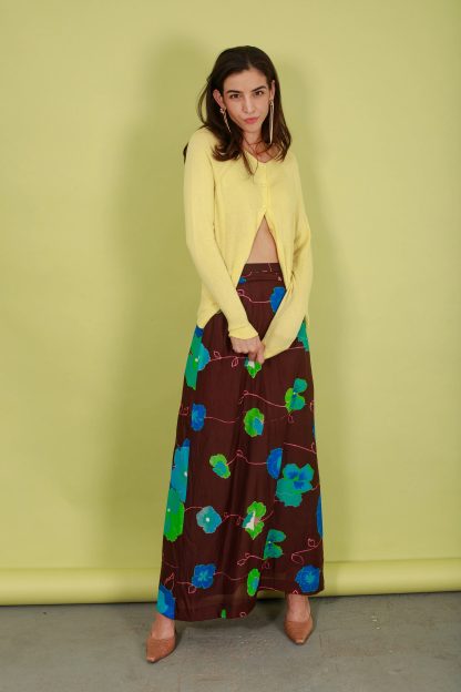 Brown Artistic Floral Print High-Waist Draped Maxi Skirt - Image 5