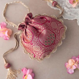 Rose red jacquard pearl drawstring bag