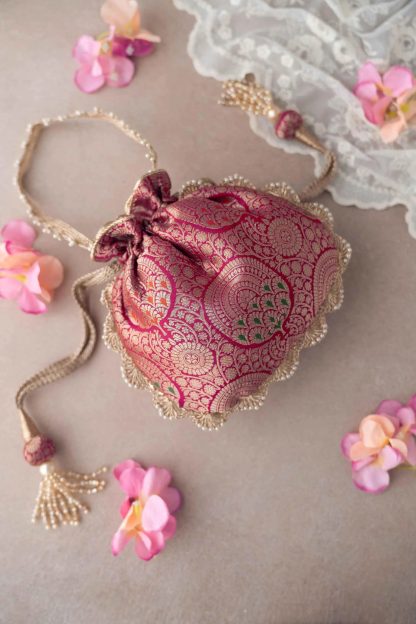 Rose red jacquard pearl drawstring bag