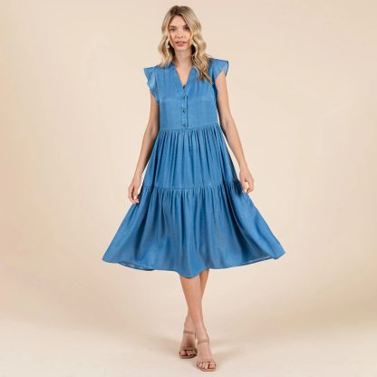 Retro and fresh V-neck small flying sleeve cake dress - Image 9