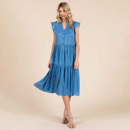 Retro and fresh V-neck small flying sleeve cake dress - Image 8