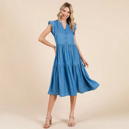 Retro and fresh V-neck small flying sleeve cake dress - Image 2