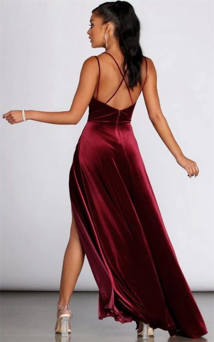 Burgundy Velvet Deep V Suspender High Slit Maxi Dress - Image 2