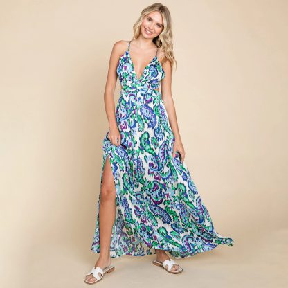 Paisley Print Deep V Open Back High Slit Maxi Dress - Image 7