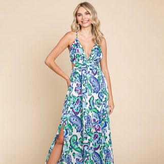 Paisley Print Deep V Open Back High Slit Maxi Dress