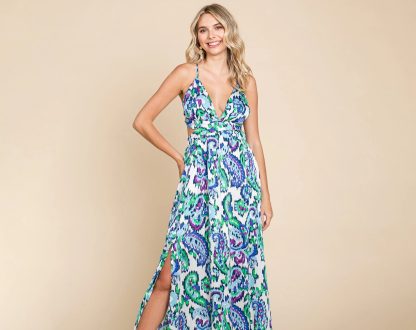 Paisley Print Deep V Open Back High Slit Maxi Dress