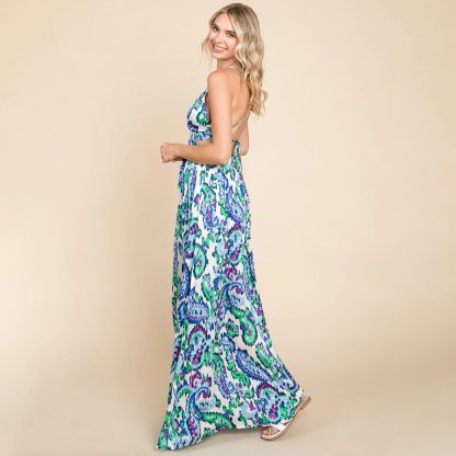 Paisley Print Deep V Open Back High Slit Maxi Dress - Image 5