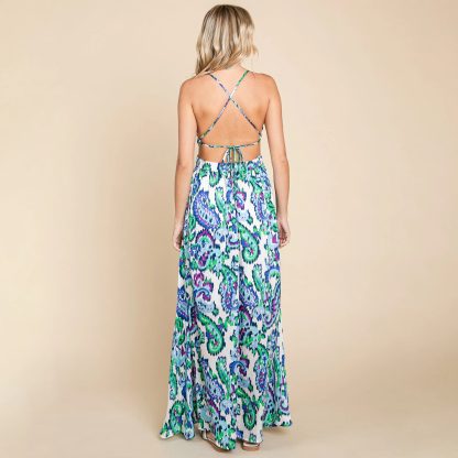 Paisley Print Deep V Open Back High Slit Maxi Dress - Image 4
