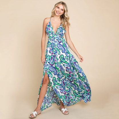Paisley Print Deep V Open Back High Slit Maxi Dress - Image 3