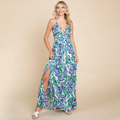 Paisley Print Deep V Open Back High Slit Maxi Dress - Image 2