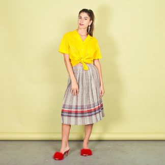 Plaid colorblock pleated high-waist midi skirt