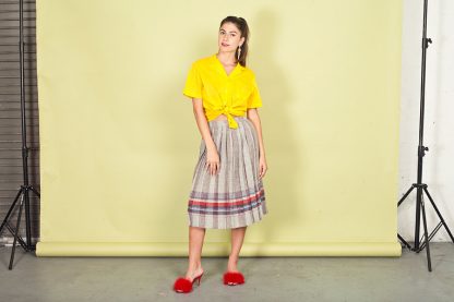 Plaid colorblock pleated high-waist midi skirt