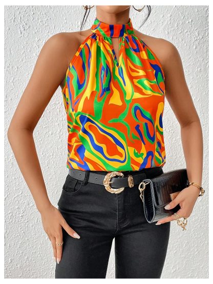 Vintage art print halterneck sleeveless satin top - Image 6
