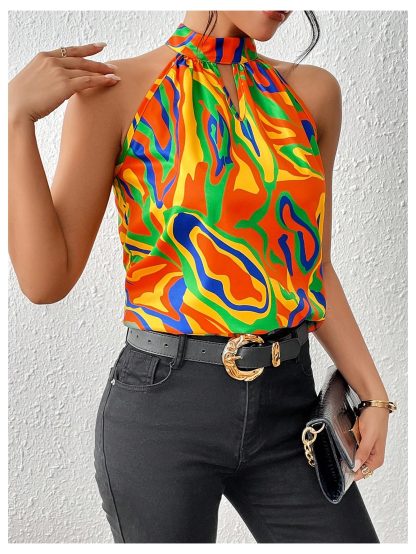 Vintage art print halterneck sleeveless satin top - Image 4