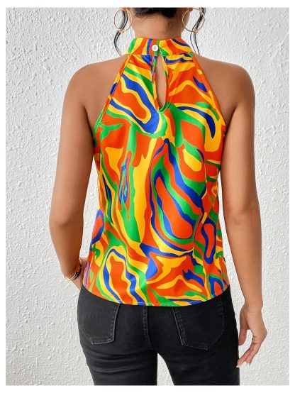 Vintage art print halterneck sleeveless satin top - Image 3