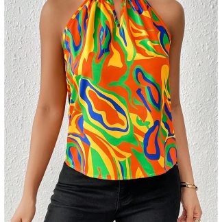Vintage art print halterneck sleeveless satin top
