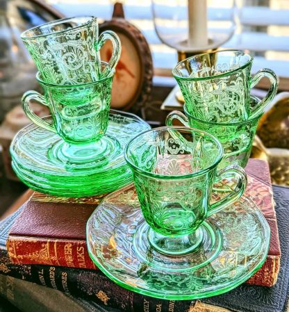 Emerald Green Etched Glass Cup and Saucer Set - Image 7