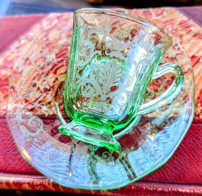 Emerald Green Etched Glass Cup and Saucer Set - Image 6