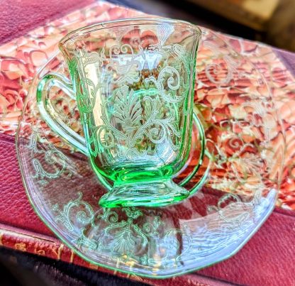 Emerald Green Etched Glass Cup and Saucer Set - Image 5