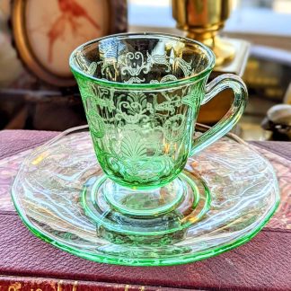 Emerald Green Etched Glass Cup and Saucer Set