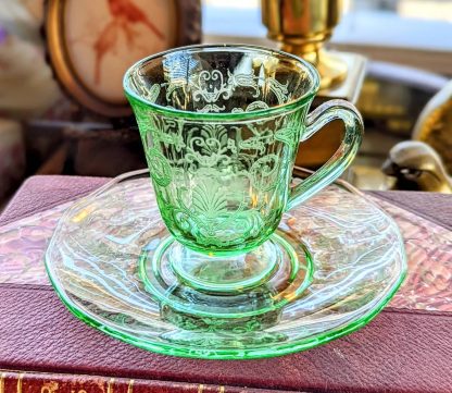 Emerald Green Etched Glass Cup and Saucer Set