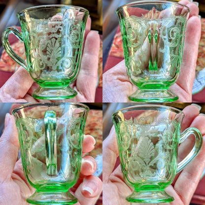 Emerald Green Etched Glass Cup and Saucer Set - Image 2