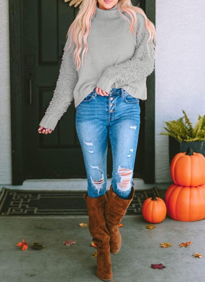 Grey Turtleneck Textured Panel Sweater - Image 8