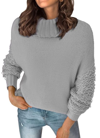 Grey Turtleneck Textured Panel Sweater - Image 7