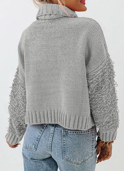 Grey Turtleneck Textured Panel Sweater - Image 4