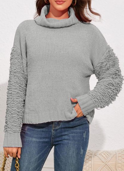 Grey Turtleneck Textured Panel Sweater - Image 3