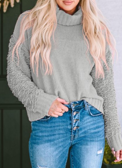 Grey Turtleneck Textured Panel Sweater