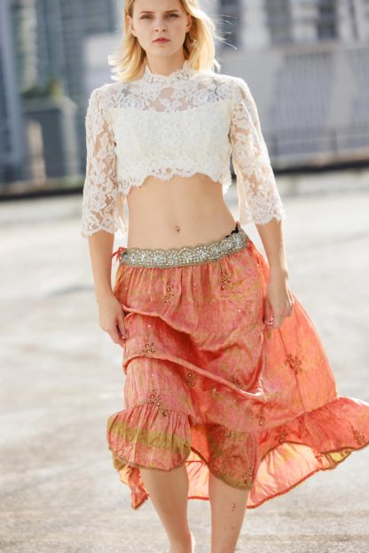 Orange-pink gradient ruffled irregular high-waist skirt - Image 9