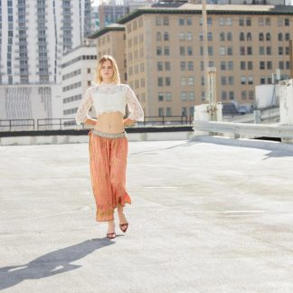Orange-pink gradient ruffled irregular high-waist skirt