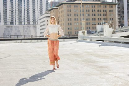 Orange-pink gradient ruffled irregular high-waist skirt