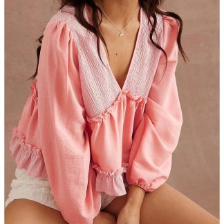 Sweet pink patchwork V-neck ruffled cropped top