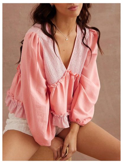 Sweet pink patchwork V-neck ruffled cropped top